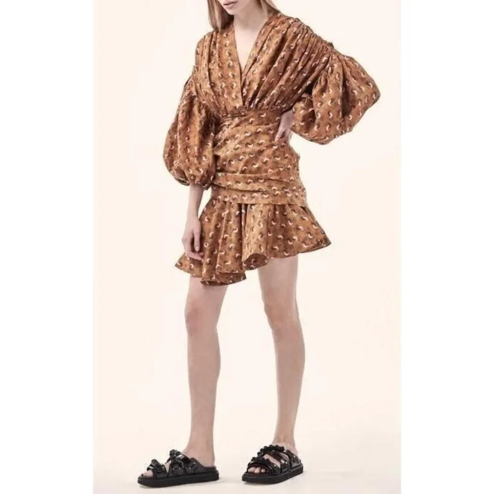 Acler Dorset Mini Dress Long Puff Sleeves Rouched Silk Blend Brown Pink Size 8 - Picture 2 of 10